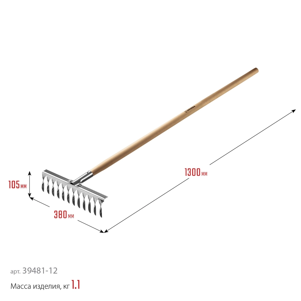 GRINDA  PS-12 WOOD, 370 х 105 х 1300 мм, 12 витых зубцов, нержавеющая сталь, деревянный черенок, садовые грабли, PROLine (39481-12) 39481-12