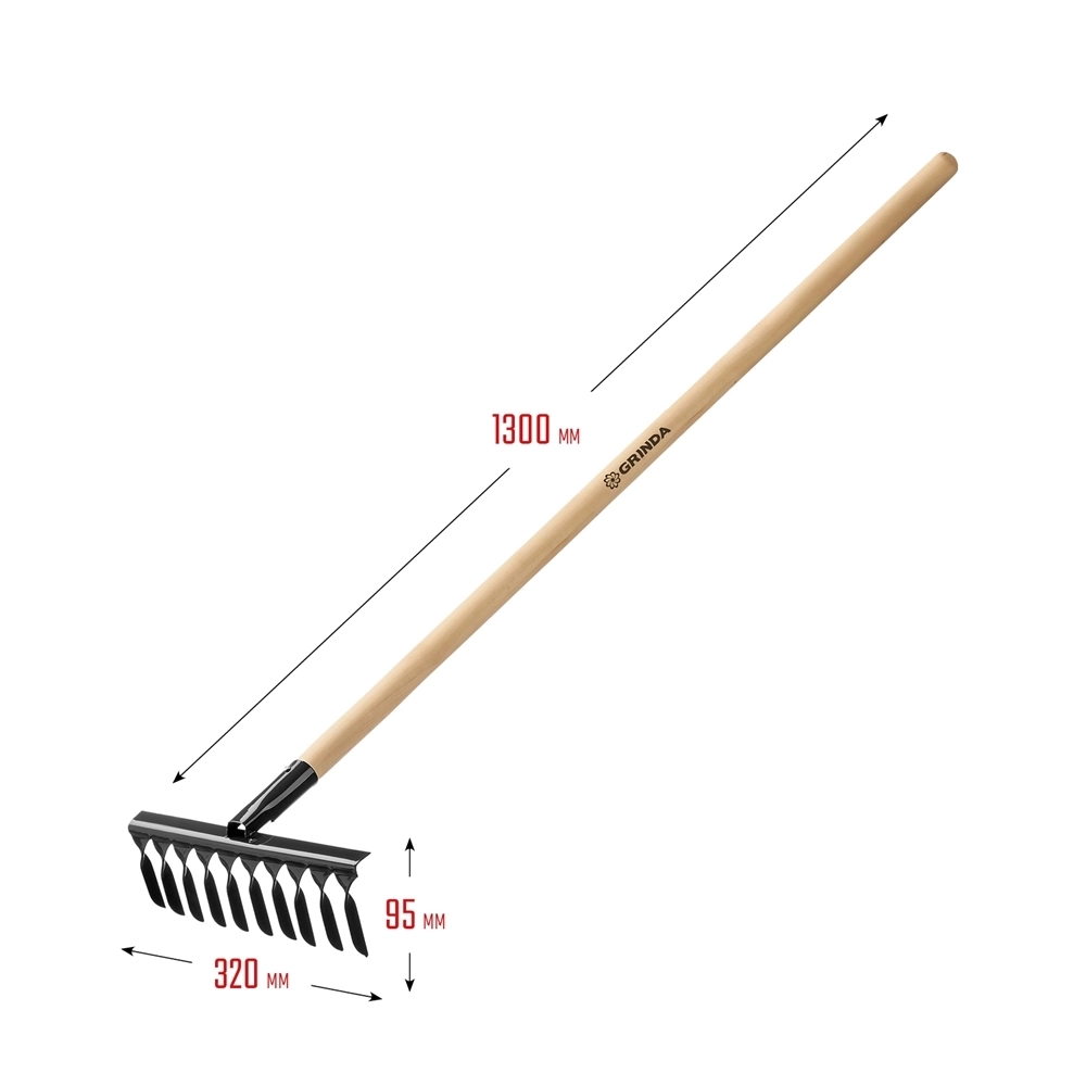 GRINDA  GS-10 WOOD, 320 х 95 х 1300 мм, 10 витых зубцов, углеродистая сталь, антикор. покрытие, черенок дерев. высш. сорт, садовые грабли (39581-10) 39581-10