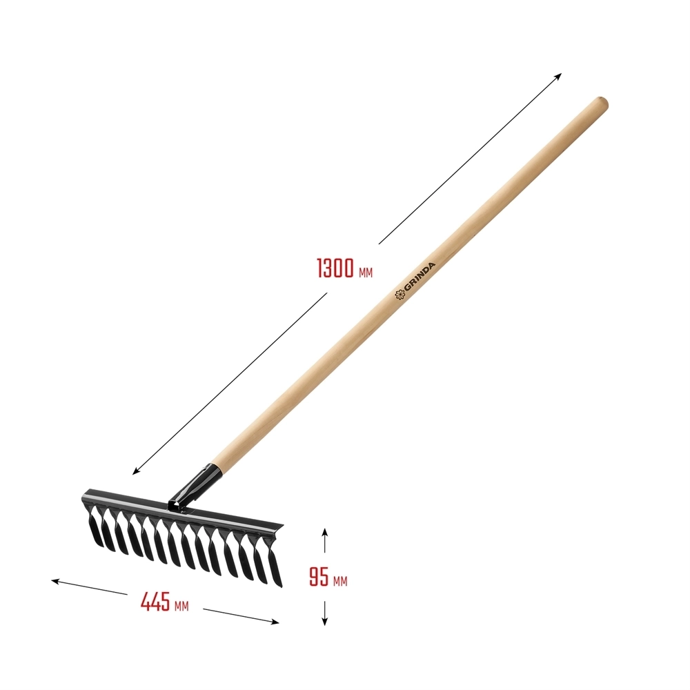 GRINDA  GS-14 WOOD, 445 х 95 х 1300 мм, 14 витых зубцов, углеродистая сталь, антикор. покрытие, черенок дерев. высш. сорт, садовые грабли(39581-14) 39581-14