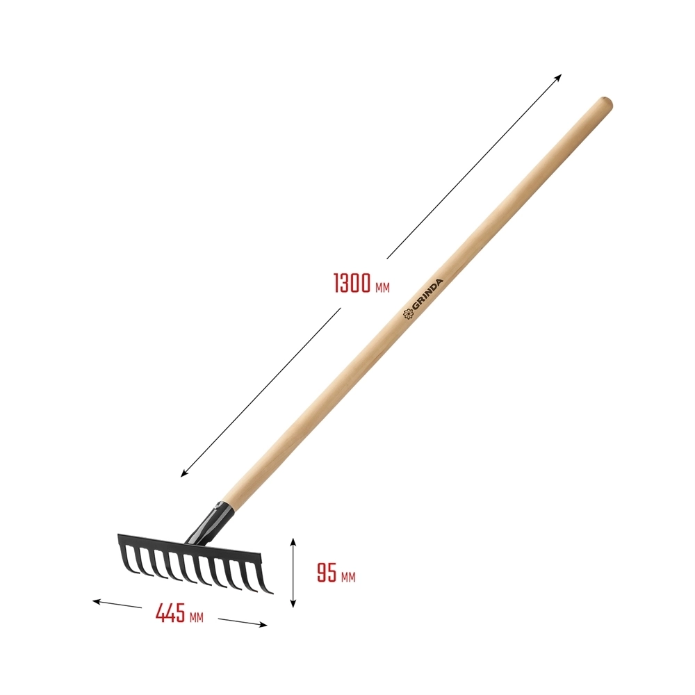 GRINDA  GT-10 WOOD, 260 х 80 х 1300 мм, 10 прямых зубцов, углерод. сталь, антикор. покрытие, черенок дерев. высш. сорт, садовые грабли (39583-10) 39583-10