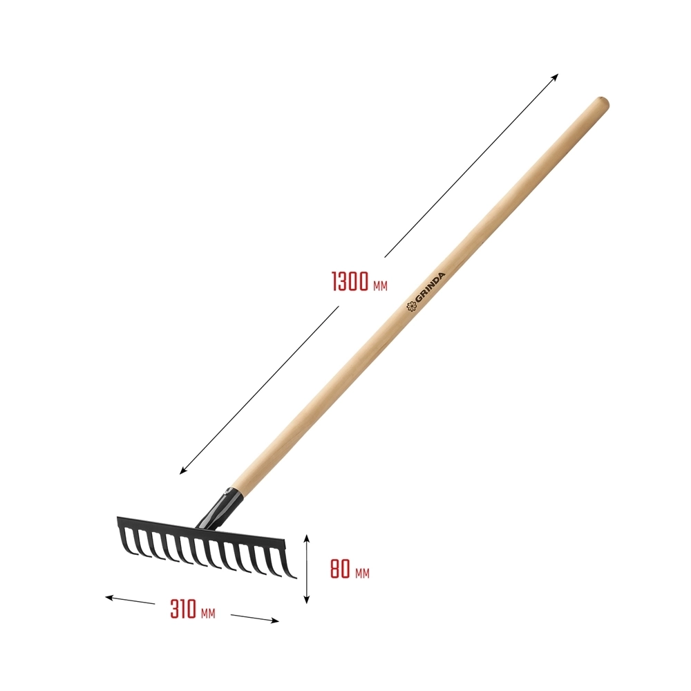 GRINDA  GT-12 WOOD, 310 х 80 х 1300 мм, 12 прямых зубцов, углерод. сталь, антикор. покрытие, черенок дерев. высш. сорт, садовые грабли (39583-12) 39583-12