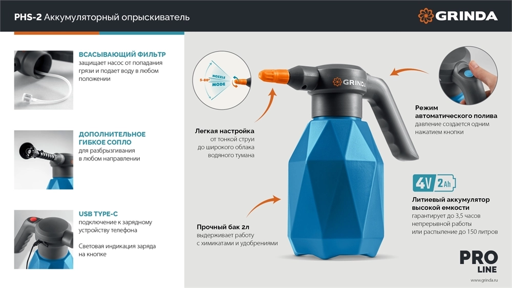 GRINDA 2 л, аккумуляторный опрыскиватель, PROLine (PHS-2) zb  phs-2