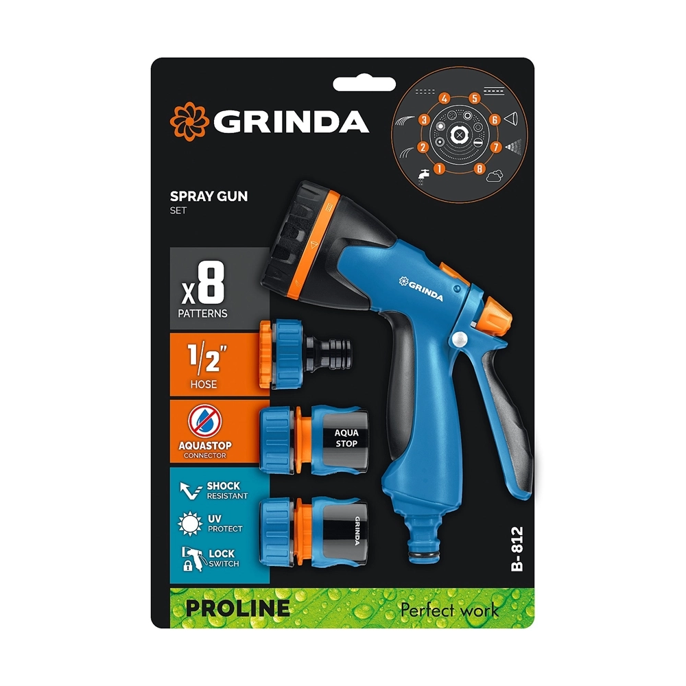 GRINDA B-812, питолет поливочный B-8, коннектор 1/2, конектор 1/2 с автостопом, адаптер с внутр. резьбой 1/2 х 3/4, набор поливочный PROLine (429114) zb  429114