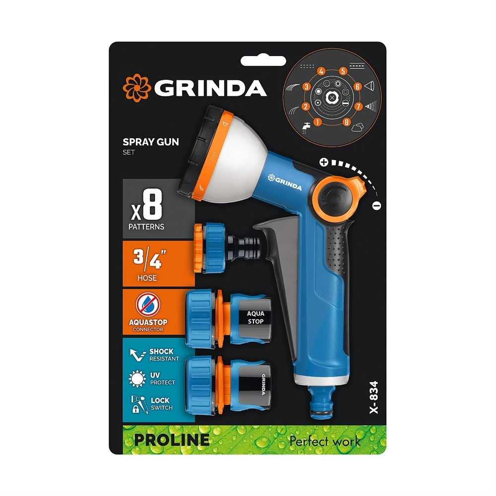 GRINDA Х-834, пистолет поливочный X-8, коннектор 3/4, конектор 3/4 с автостопом, адаптер с внутр. резьбой 1/2 х 3/4,набор поливочный PROLine (429167) zb  429167