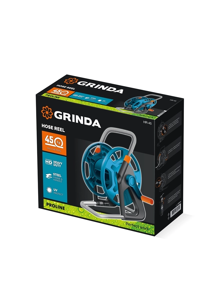 GRINDA HR-45, для шлангов 45м x 1/2″ и 20м х 3/4″, стальные опоры, пластиковый барабан, катушка для шлангов, ProLine (428450) zb  428450