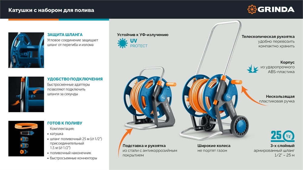 GRINDA HCK-25, шланг 25м x 1/2″, поливочный набор 4 предмета, усиленные колеса, телескопическая ручка, катушка со шлангом в комплект ProLine (428461) zb  428461