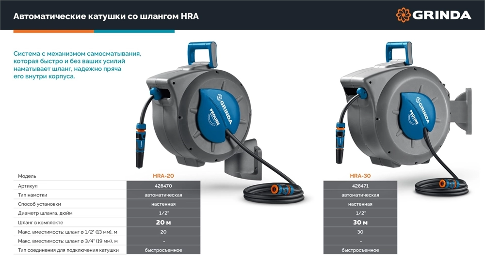 GRINDA HRA-30, шланг 30м x 1/2″, на поворотном кронштейне настенная, поливочный набор 4 предмета, катушка автоматическая со шлангом ProLine (428471) zb  428471