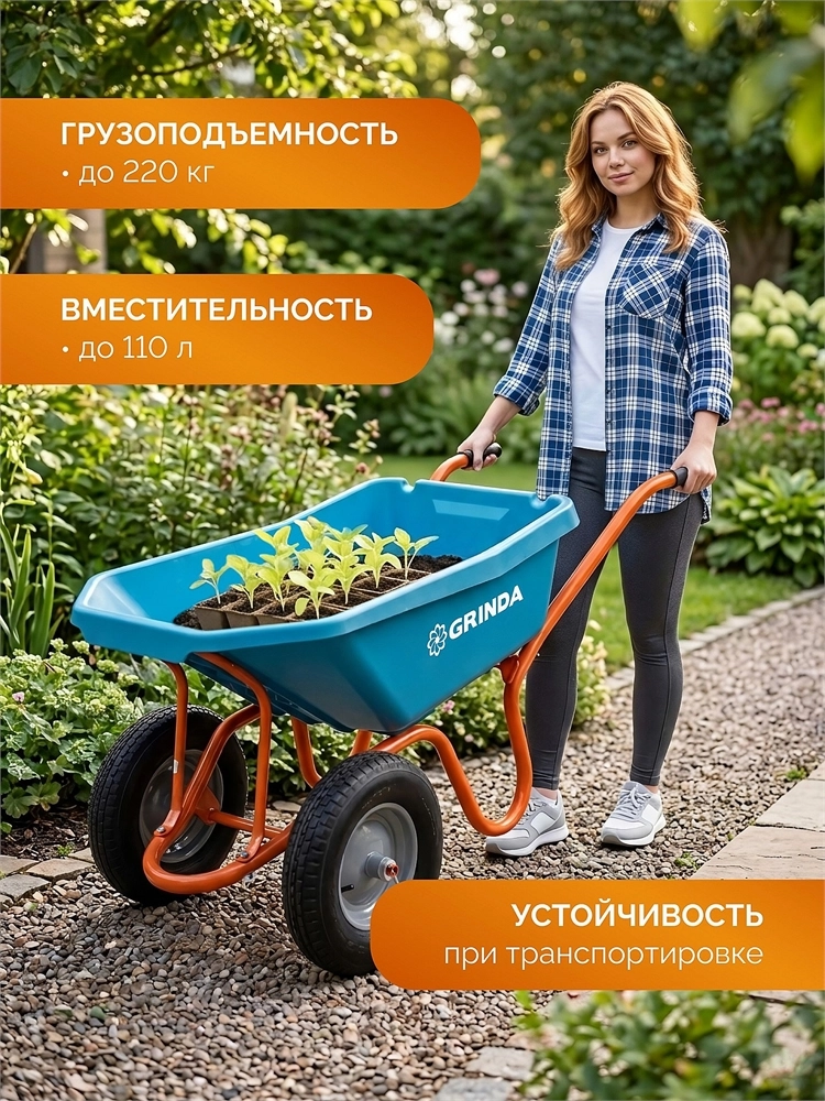 GRINDA GP-22, ударопрочный пластиковый кузов, 110 л, 220 кг, двухколесная, пневматические колеса, тачка садовая PROLine (422406) zb  422406
