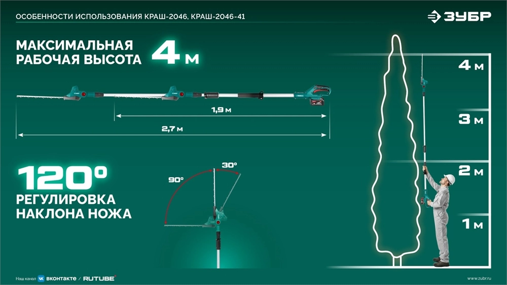 ЗУБР 20 В, 460 мм, без АКБ (LMS), кусторез аккумуляторный со штангой (КРАШ-2046) zb  краш-2046