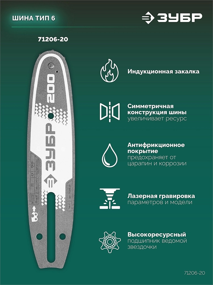 ЗУБР тип 6, 20 см, шаг 3/8″, паз 1.1 мм, 33 звеньев, шина (71206-20) zb  71206-20