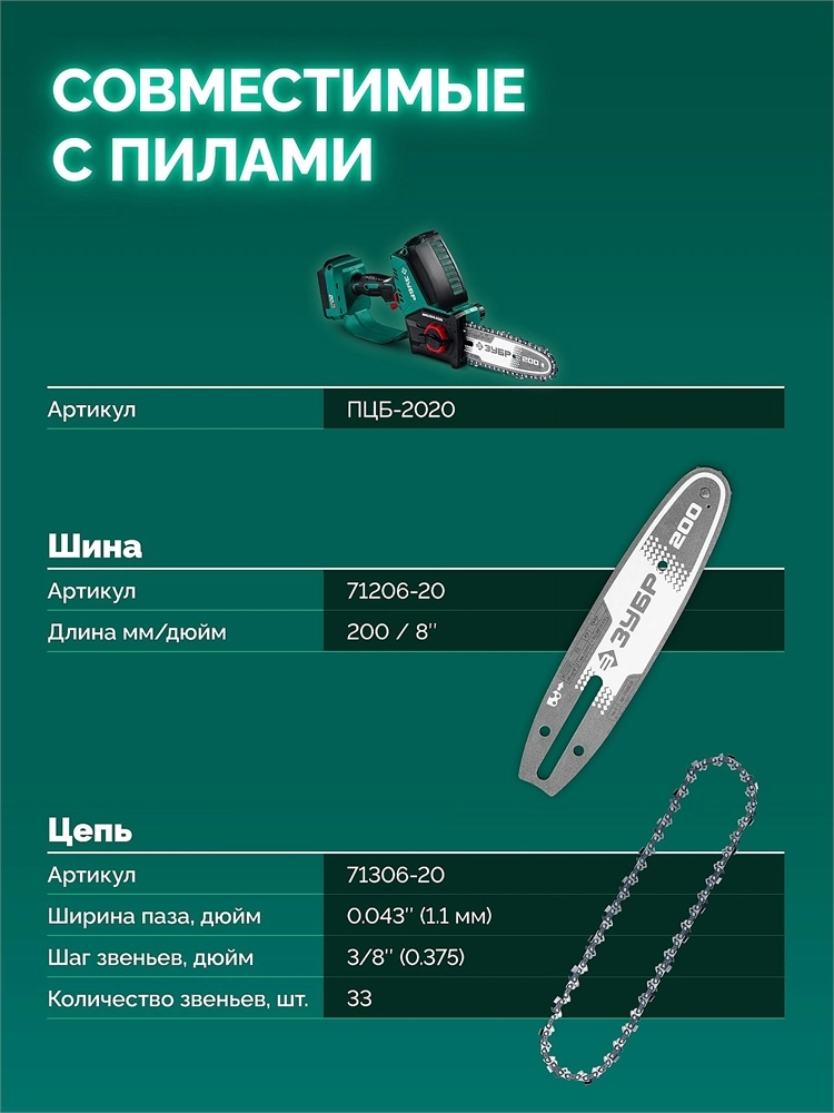 ЗУБР тип 6, 20 см, шаг 3/8″, паз 1.1 мм, 33 звеньев, шина (71206-20) zb  71206-20
