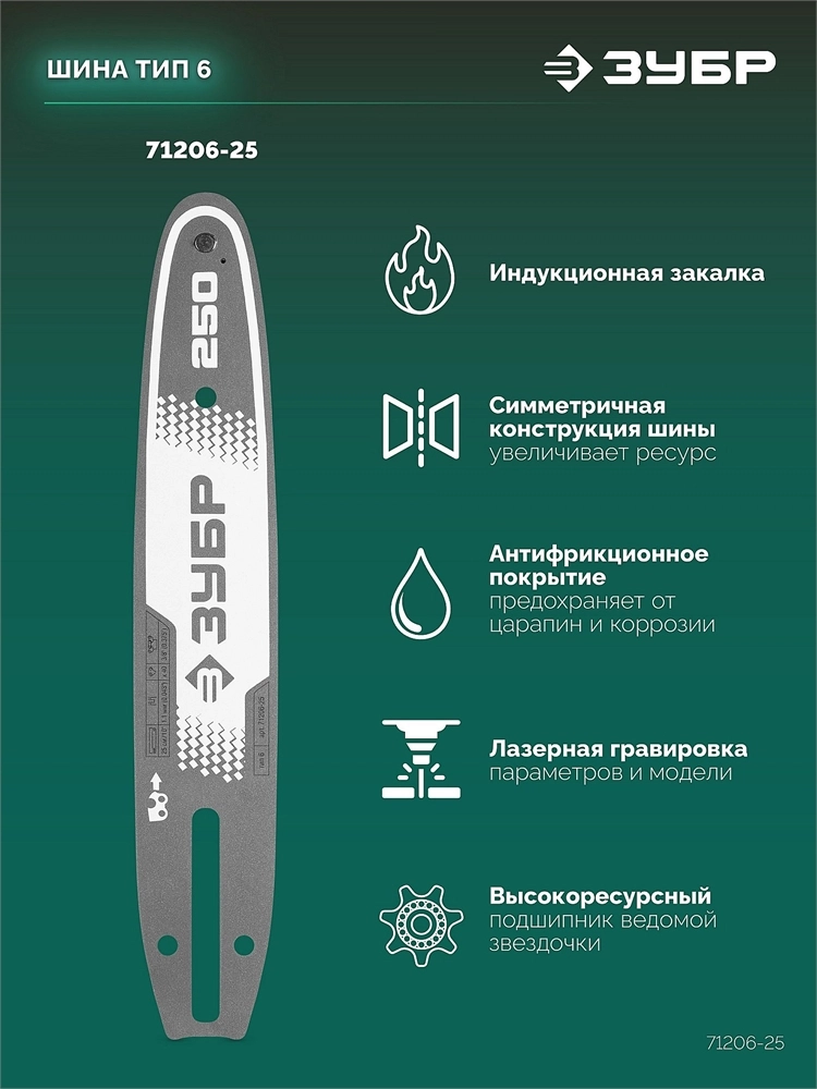 ЗУБР тип 6, 25 см, шаг 3/8″, паз 1.1 мм, 40 звеньев, шина (71206-25) zb  71206-25