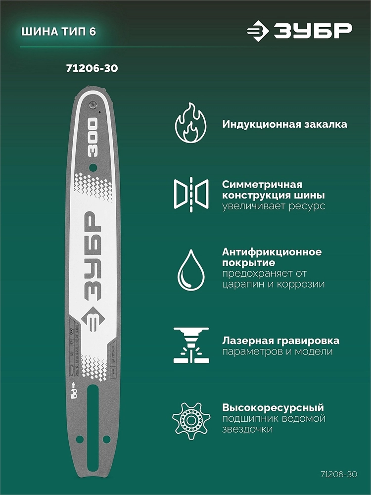 ЗУБР тип 6, 30 см, шаг 3/8″, паз 1.1 мм, 45 звеньев, шина (71206-30) zb  71206-30