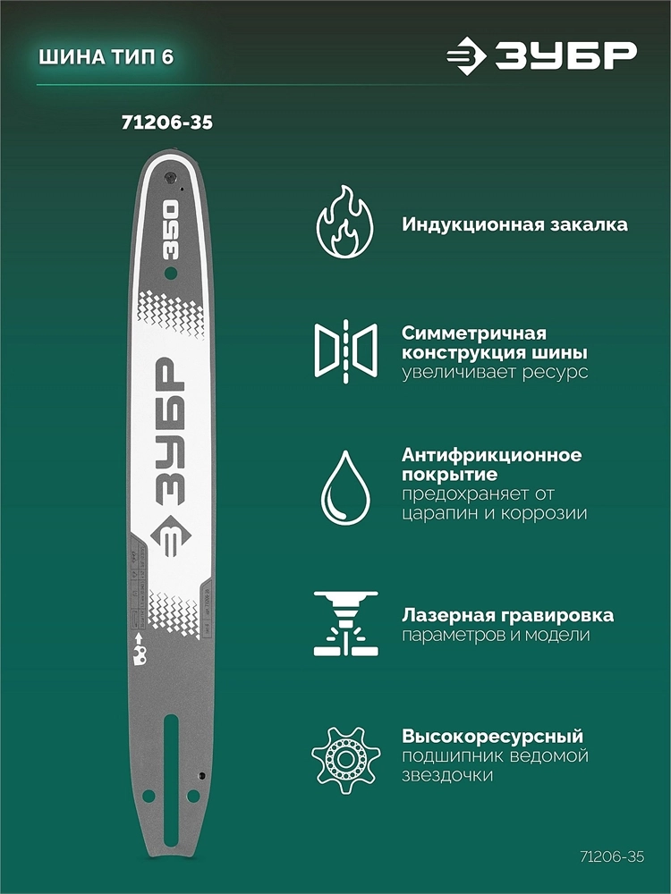ЗУБР тип 6, 35 см, шаг 3/8″, паз 1.1 мм, 52 звена, шина (71206-35) zb  71206-35