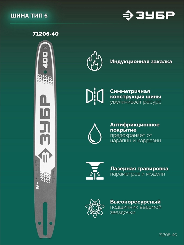 ЗУБР тип 6, 40 см, шаг 3/8″, паз 1.1 мм, 57 звеньев, шина (71206-40) zb  71206-40