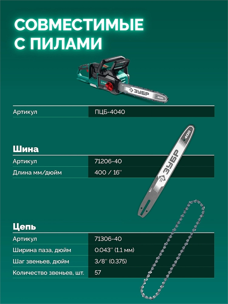 ЗУБР тип 6, 40 см, шаг 3/8″, паз 1.1 мм, 57 звеньев, шина (71206-40) zb  71206-40