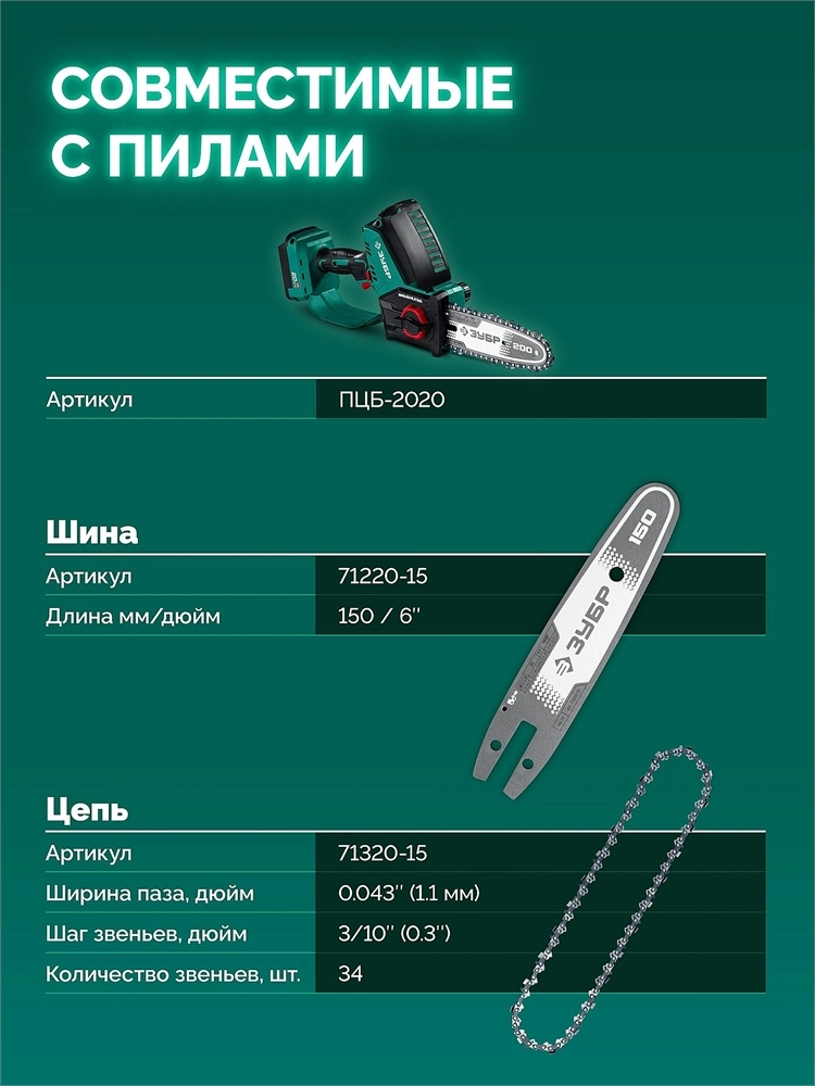 ЗУБР тип 20, 15 см, шаг 3/10″, паз 1.1 мм, 34 звеньев, шина (71220-15) zb  71220-15