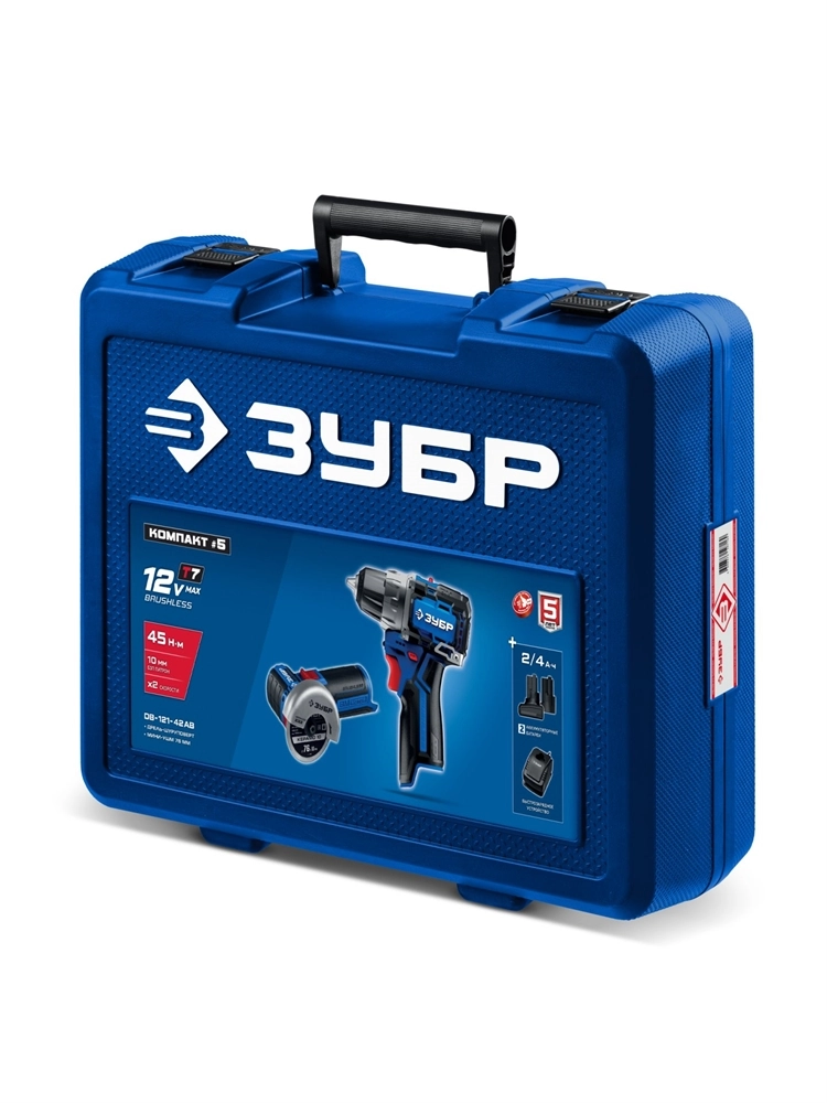 ЗУБР КОМПАКТ #5, набор: дрель-шуруповерт + мини УШМ, BRUSHLESS, 12 В, 45 Н·м, 2 АКБ тип Т7 (4 и 2 А·ч), кейс, Профессионал (DB-121-42AB) zb  db-121-42ab
