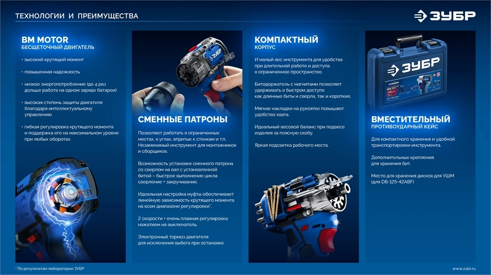 ЗУБР КОМБИ #4, набор: модульная дрель-шуруповерт + LED фонарь, BRUSHLESS, 12 В, 45 Н·м, 2 АКБ тип Т7 (2 А·ч), кейс, Профессионал (DB-125-22F) zb  db-125-22f