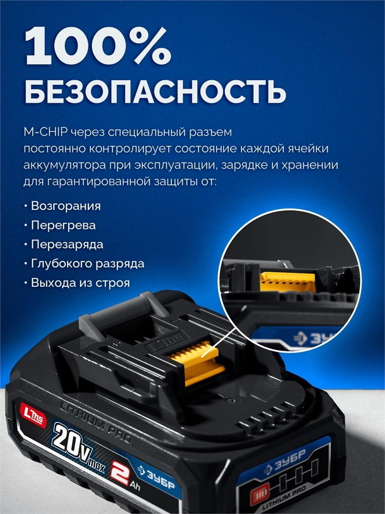 ЗУБР 20 В, ″Сотка″ d105 мм, 1 АКБ LMS (2 А·ч), компактная УШМ, сумка, Профессионал (AB-100-850-21) zb  ab-100-850-21