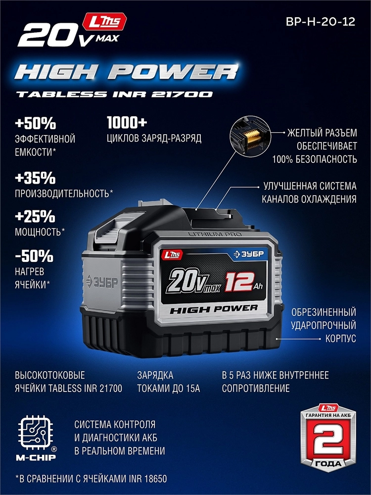 ЗУБР High Power, 20 В, 12.0 А·ч, аккумулятор LMS, ПРОФЕССИОНАЛ (BP-H-20-12) zb  bp-h-20-12