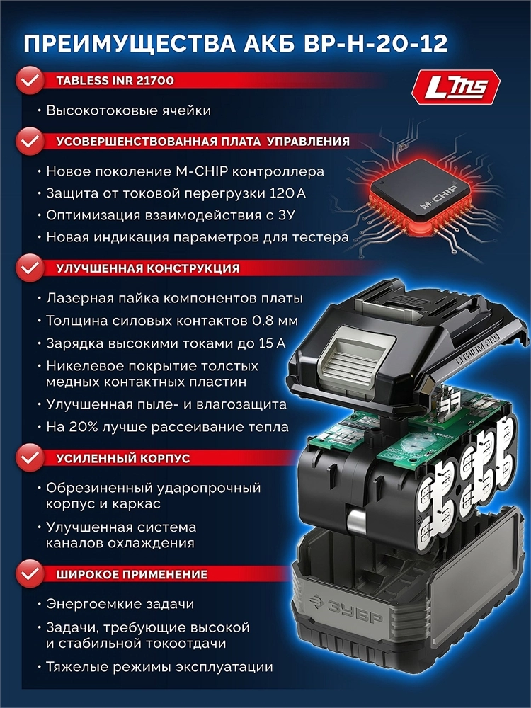 ЗУБР High Power, 20 В, 12.0 А·ч, аккумулятор LMS, ПРОФЕССИОНАЛ (BP-H-20-12) zb  bp-h-20-12