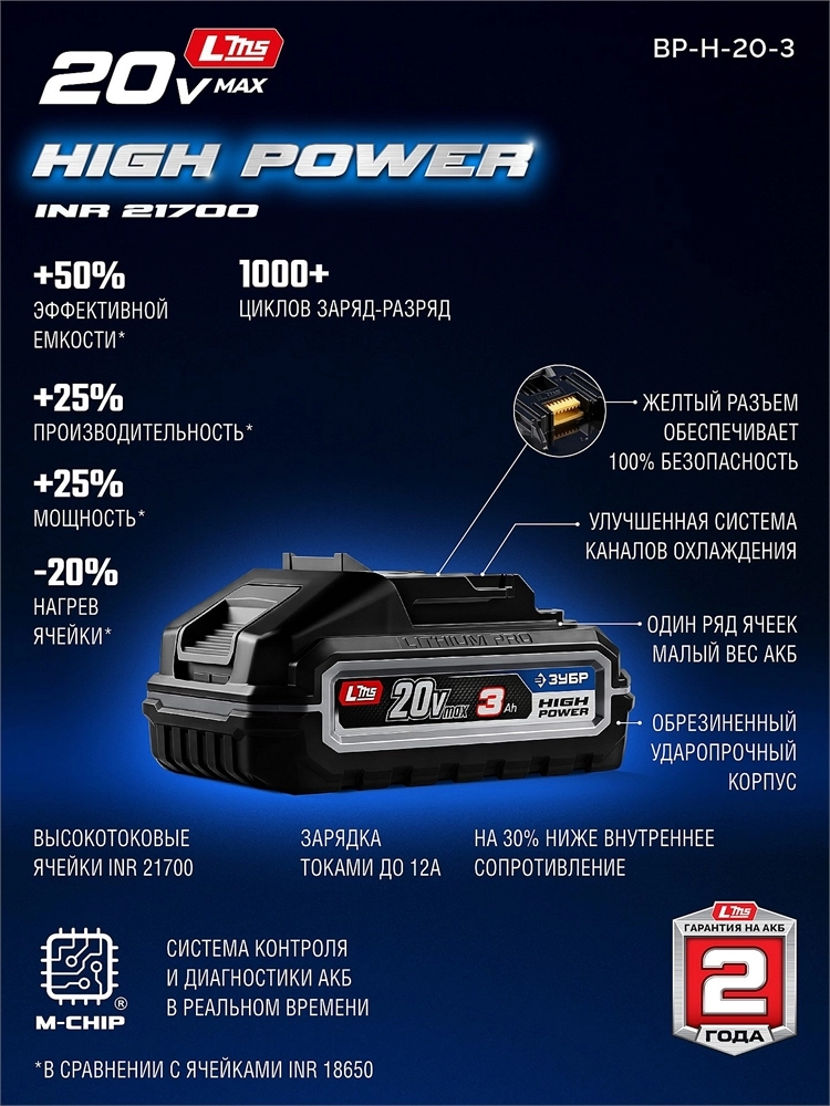 ЗУБР High Power, 20 В, 3.0 А·ч, аккумулятор LMS, ПРОФЕССИОНАЛ (BP-H-20-3) zb  bp-h-20-3