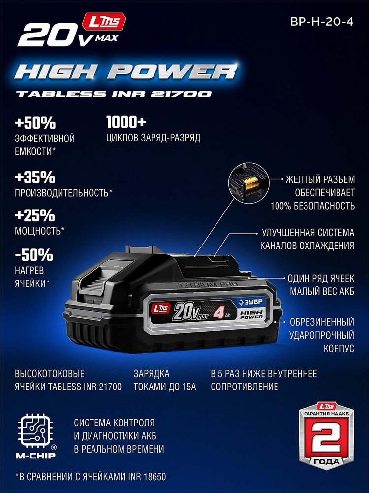 ЗУБР High Power, 20 В, 4.0 А·ч, аккумулятор LMS, ПРОФЕССИОНАЛ (BP-H-20-4) zb  bp-h-20-4