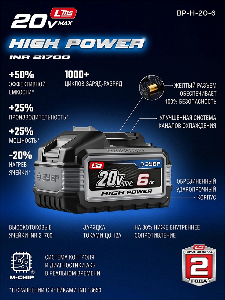 ЗУБР High Power, 20 В, 6.0 А·ч, аккумулятор LMS, ПРОФЕССИОНАЛ (BP-H-20-6) zb  bp-h-20-6