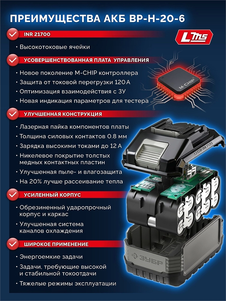 ЗУБР High Power, 20 В, 6.0 А·ч, аккумулятор LMS, ПРОФЕССИОНАЛ (BP-H-20-6) zb  bp-h-20-6