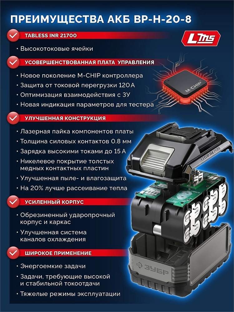 ЗУБР High Power, 20 В, 8.0 А·ч, аккумулятор LMS, ПРОФЕССИОНАЛ (BP-H-20-8) zb  bp-h-20-8