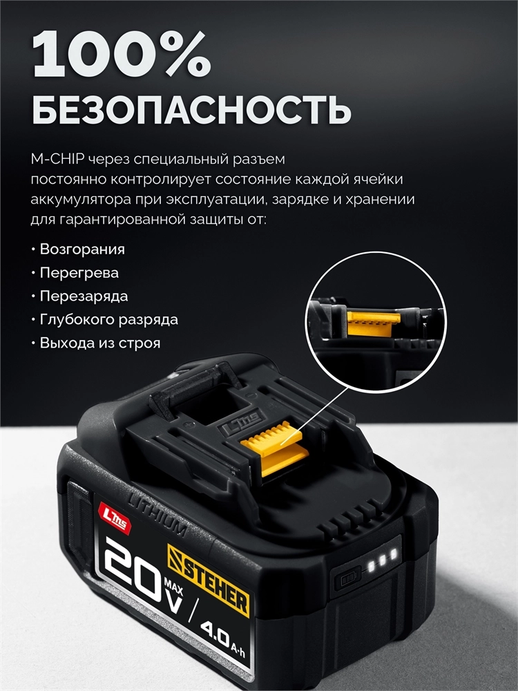 STEHER 20 В, 1000 Н·м, 1 АКБ LMS (4 А·ч), бесщеточный ударный гайковерт, сумка (CWB-1000-41) zb  cwb-1000-41