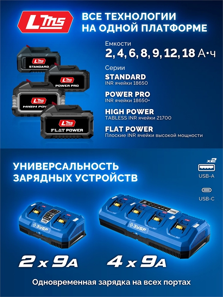 ЗУБР Turbo CHARGE, 20 В, 2 порта, 2 х 9 А, зарядное устройство для LMS АКБ, ПРОФЕССИОНАЛ (TC-20-2) zb  tc-20-2
