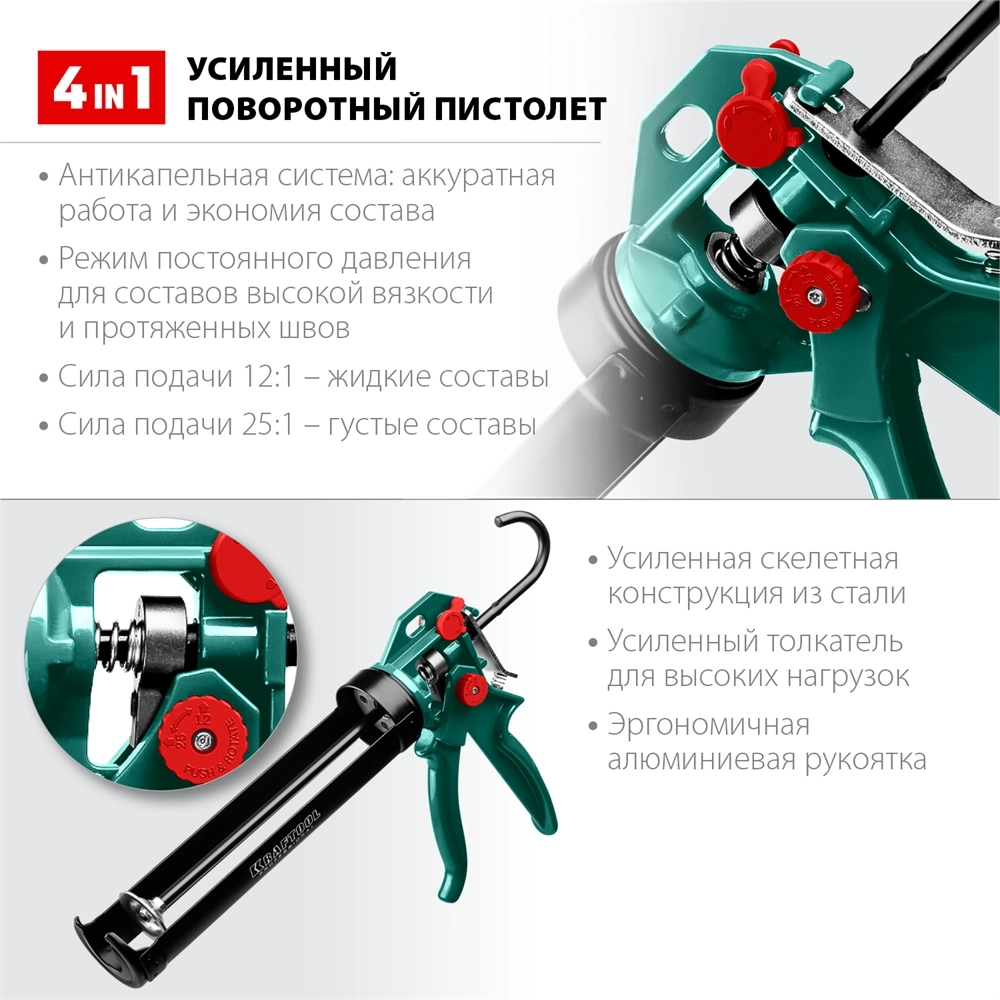 KRAFTOOL EXPERT 4-in-1 310 мл, антикапельная система, регулировка силы давления, усиленный скелетный поворотный пистолет для герметика (06675) zb  6675
