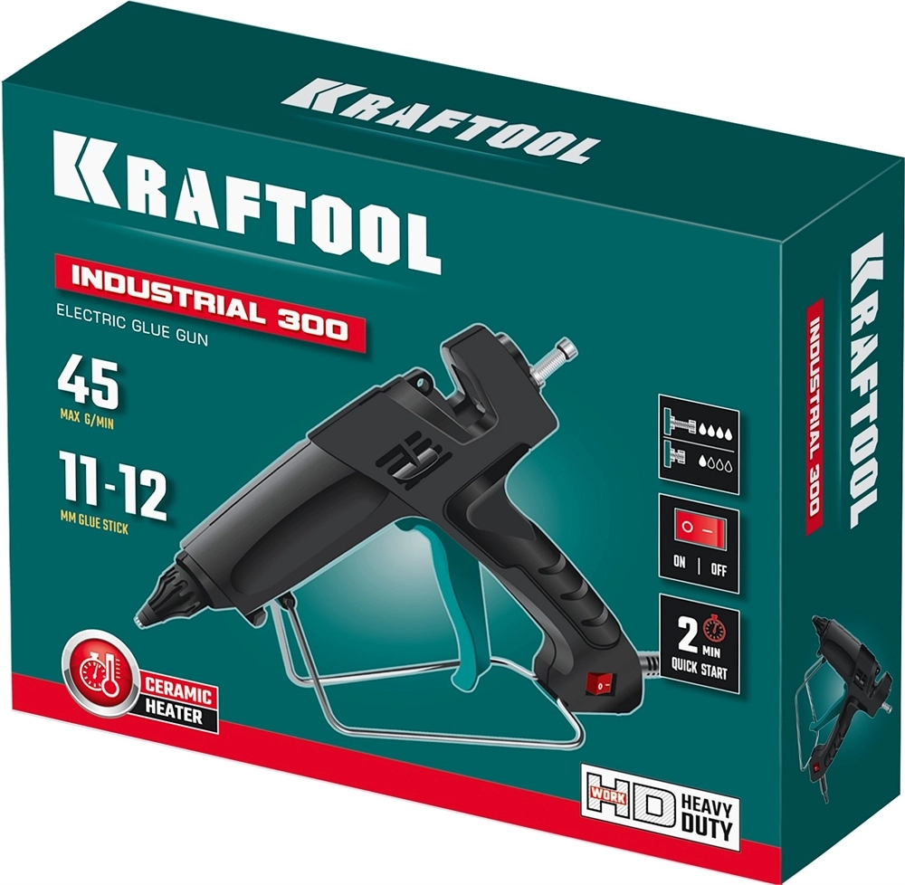 KRAFTOOL Industrial 300, d 11 - 12 мм, 45 г/мин, электрический термоклеевой пистолет (06842) zb  6842