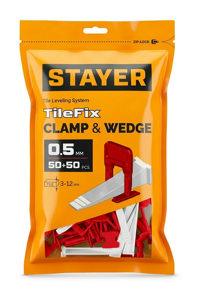 STAYER СВП TileFix, комплект: 0,5 мм, зажим + клин, 50 + 50 шт, система выравнивания плитки ″ворота″ (33840-H50) zb  33840-h50