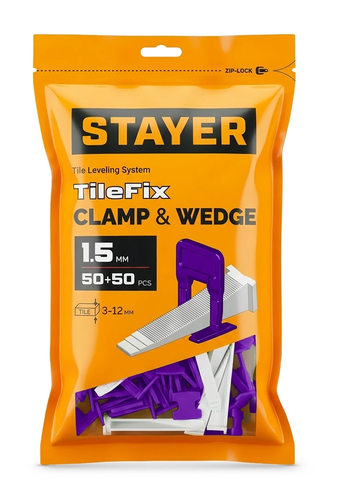 STAYER СВП TileFix, комплект: 1,5 мм, зажим + клин, 50 + 50 шт, система выравнивания плитки ″ворота″ (33842-H50) zb  33842-h50