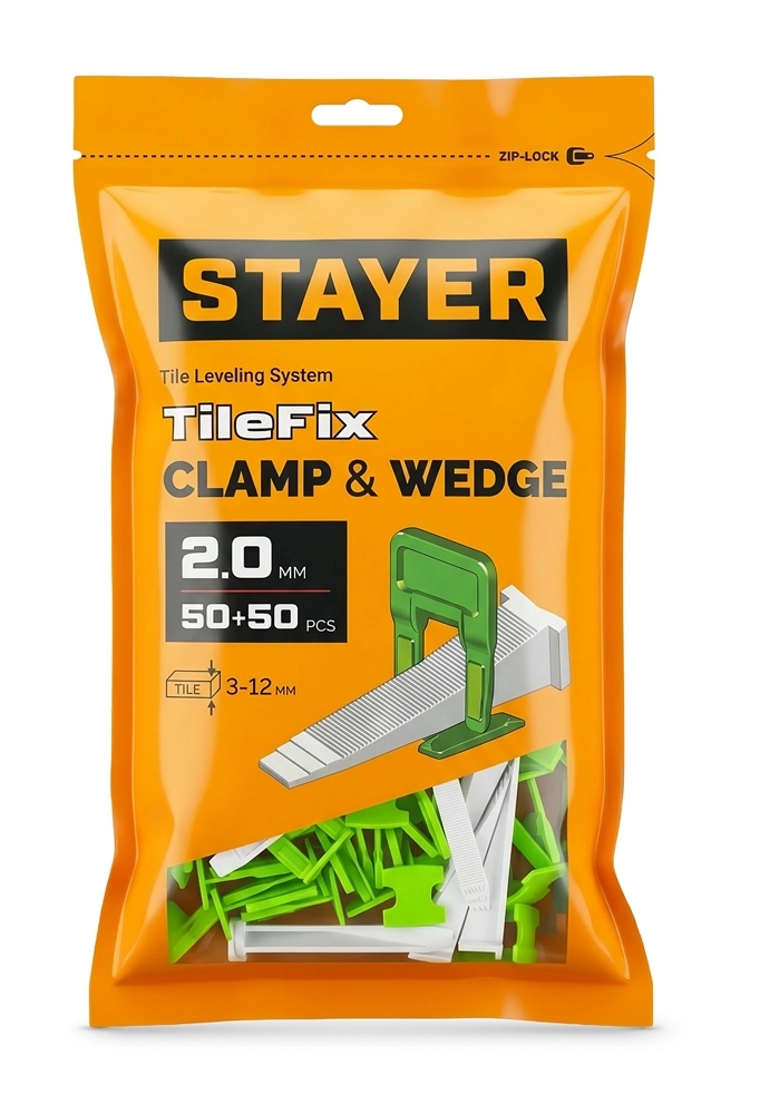 STAYER СВП TileFix, комплект: 2,0 мм, зажим + клин, 50 + 50 шт, система выравнивания плитки ″ворота″ (33843-H50) zb  33843-h50
