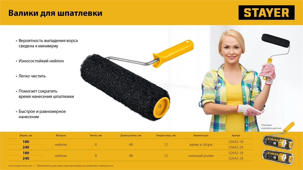 STAYER PUTTY 80 мм, 240 мм, 8 мм ручка, ролик для шпатлевки, PROFESSIONAL (02642-24) zb  02642-24