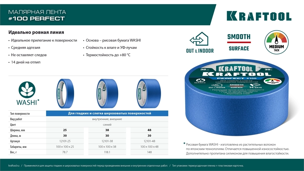KRAFTOOL #100 Perfect 38 мм х 30 м, для гладких и шероховатых поверхностей, малярная лента (12101-38) zb  12101-38