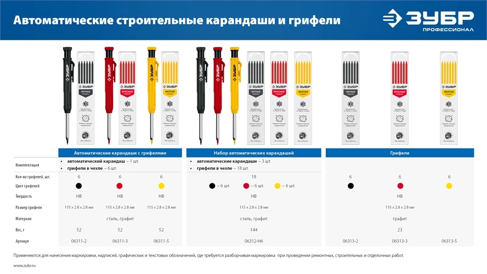 ЗУБР черные, d 2,8 мм, HB, 6 шт грифели для автоматического карандаша (06313-2) zb  06313-2
