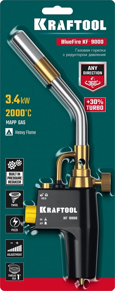 KRAFTOOL KF-9000, с пьезоподжигом на баллон турбо нагрев + 30% 2000°C, Газовая горелка Blue Fire (55510) zb  55510