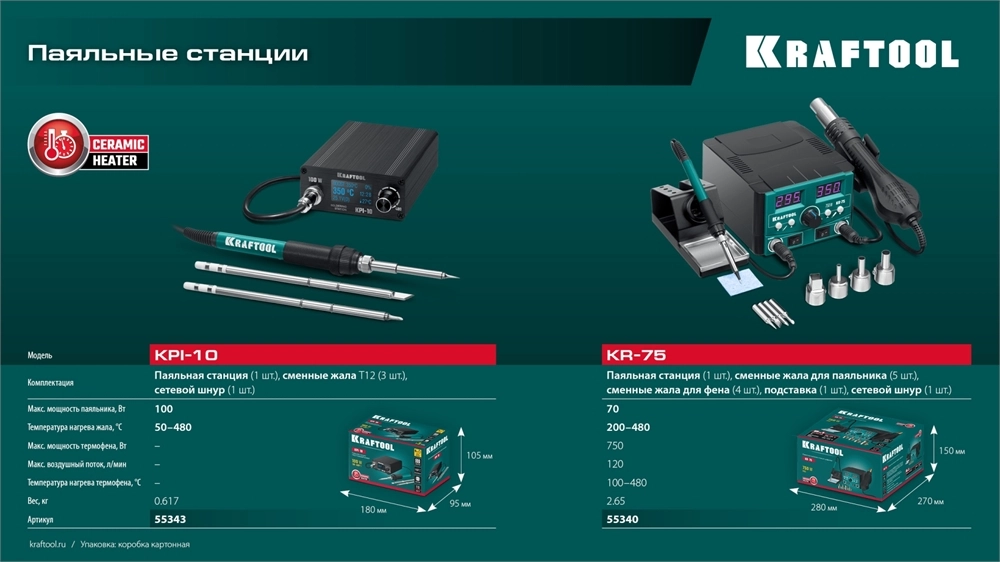 KRAFTOOL KR-75, 2-в-1 100-480°С 750 Вт, Ремонтная паяльная станция (55340) zb  55340