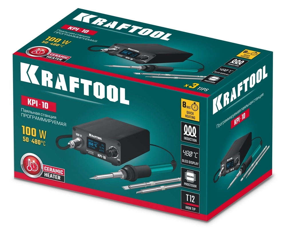KRAFTOOL KPI-10, 50 - 480°C, 100 Вт, 3 жала Т12, программируемая паяльная станция (55343) zb  55343