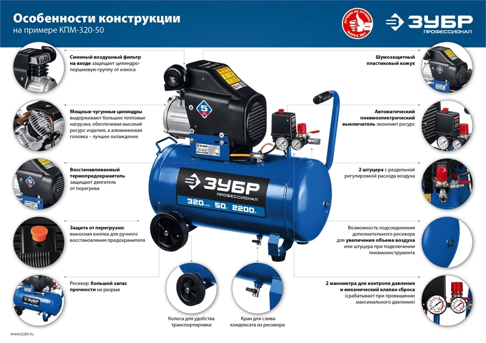 ЗУБР 400 л/мин, 50 л, 2200 Вт, масляный компрессор, Профессионал (КПМ-400-50) zb  кпм-400-50