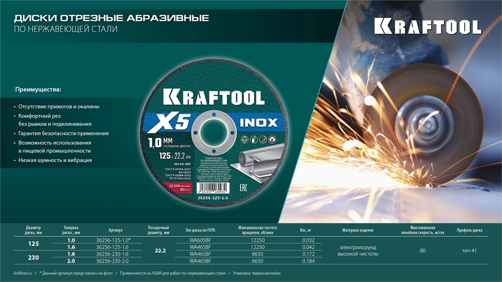 KRAFTOOL X5 INOX 125x1.6 мм по нерж. стали отрезной диск для УШМ (36256-125-1.6) zb  36256-125-1.6