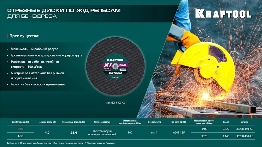KRAFTOOL X7-EXTREM RAIL 350x4.0 / 25.4 мм по Ж/Д рельсам отрезной диск для бензореза (36258-350-4.0) zb  36258-350-4.0
