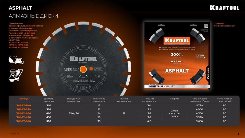 KRAFTOOL ASPHALT 500 мм (25.4/20 мм, 12х4.0 мм), алмазный диск (36687-500) zb  36687-500_z01