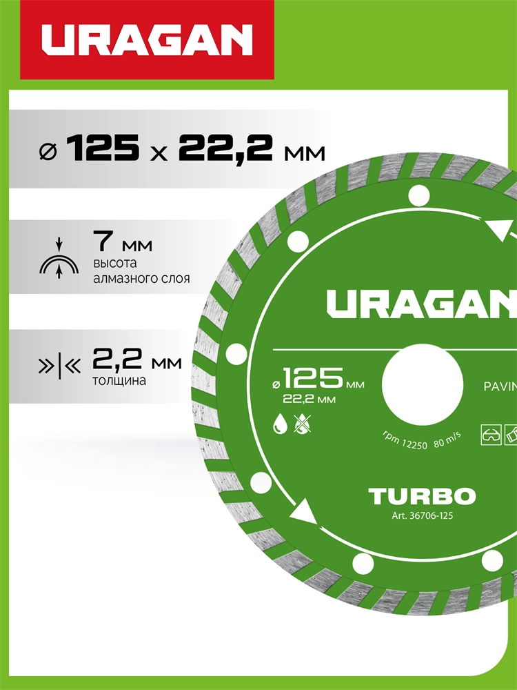 URAGAN TURBO 125 мм, диск алмазный отрезной сегментированный (36706-125) zb  36706-125