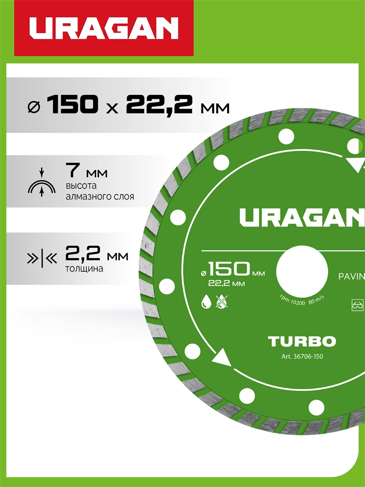 URAGAN TURBO 150 мм, диск алмазный отрезной сегментированный (36706-150) zb  36706-150